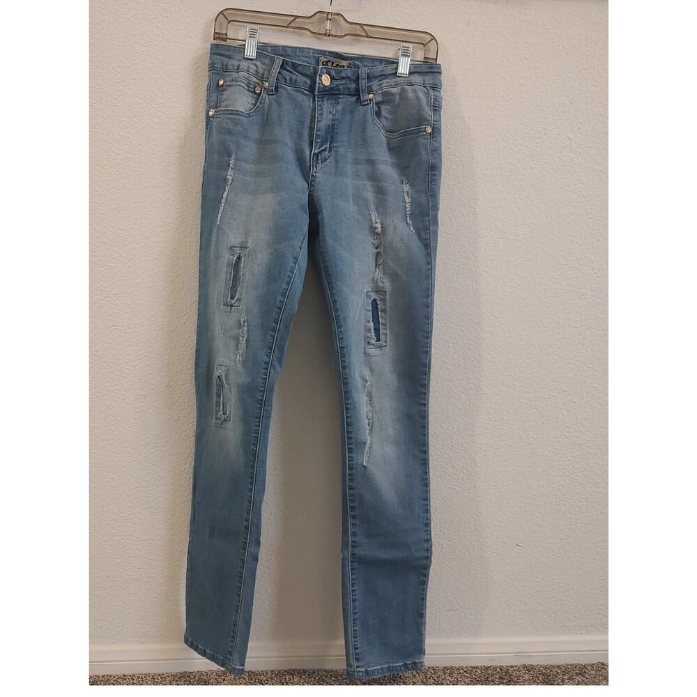 Women's Slim Fit Cleo Blue Jeans Size 11 Straight Leg Distressed Faded Stretchy
